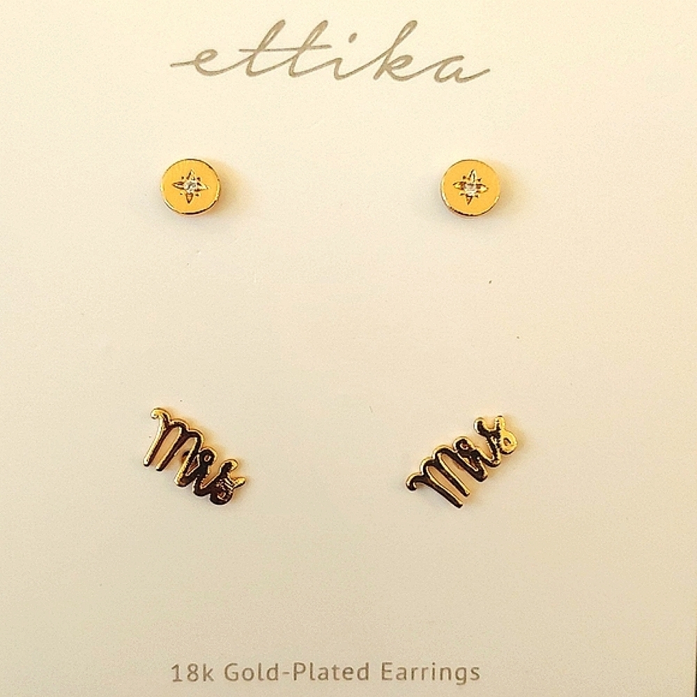 NWOT ettika MRS. 18k gold plated earring stud set